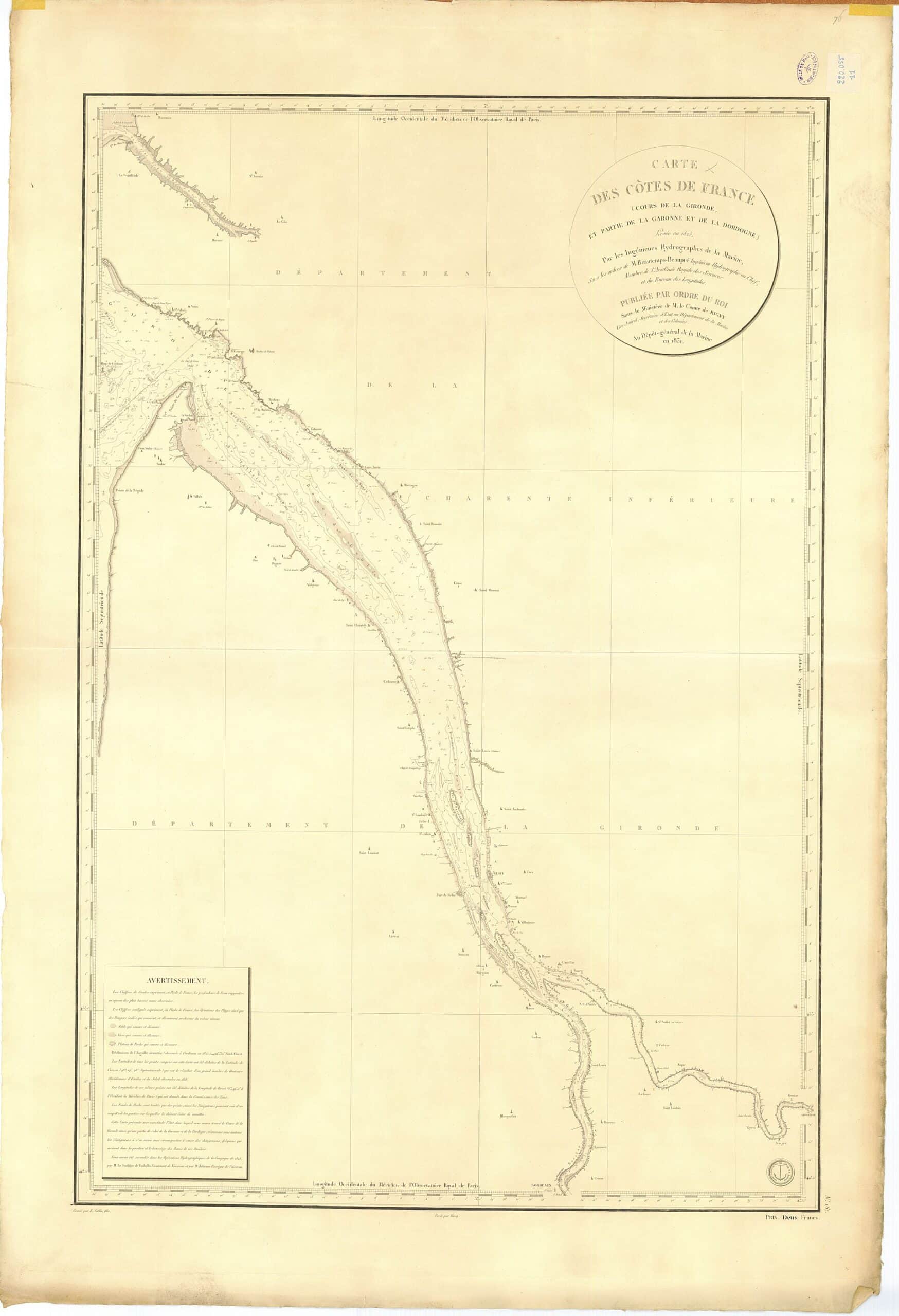 Carte ancienne de l'estuaire de la Gironde, de la Garonne et de la Dordogne, montrant sa forme en entonnoir