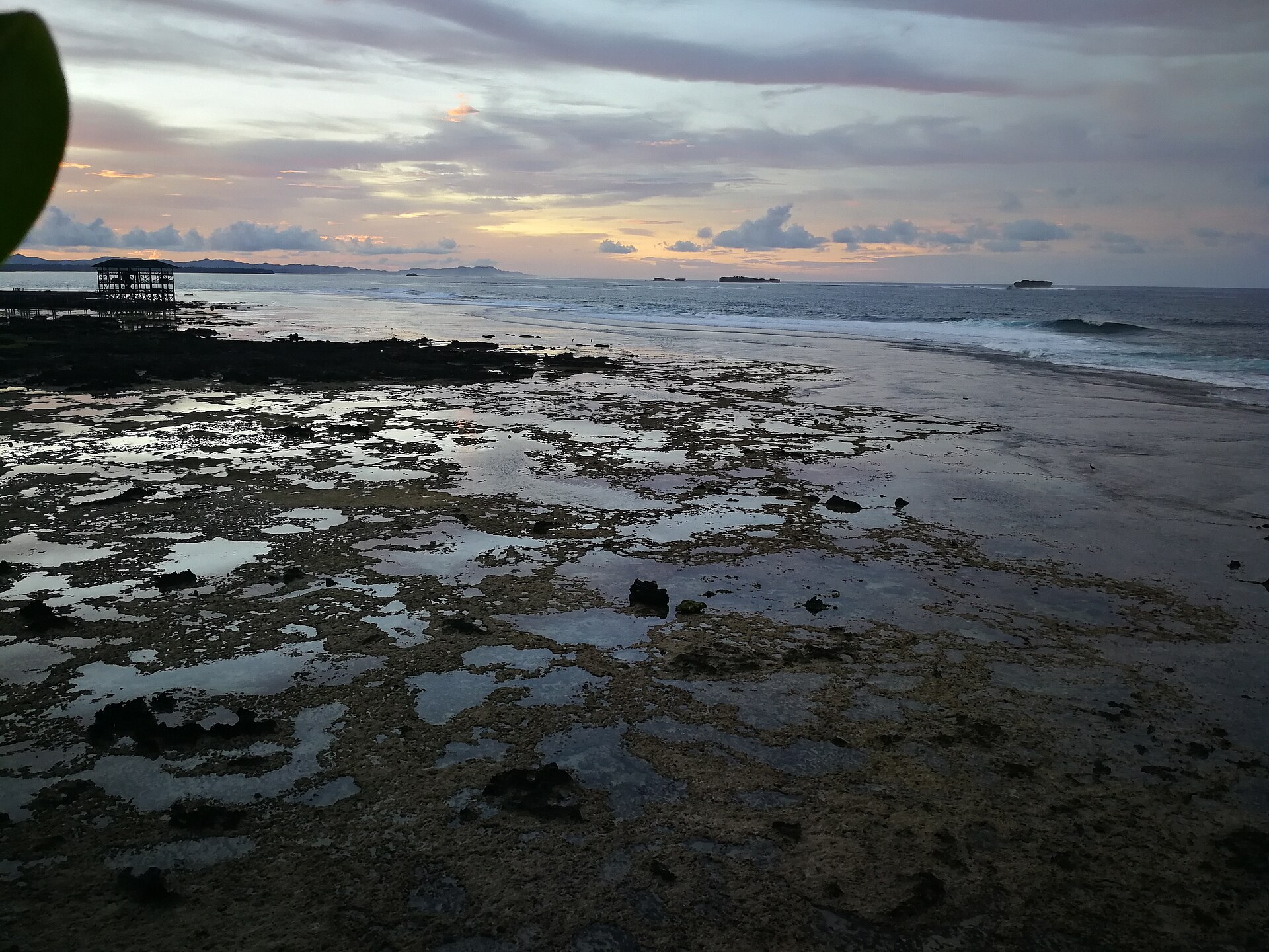 Le récif corallien de Cloud 9 découvert à marée basse au coucher du soleil, avec la tour en bois à gauche et une vague qui déroule au large